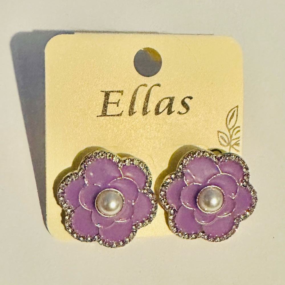 Ellas Purple Camellia Flower Earrings